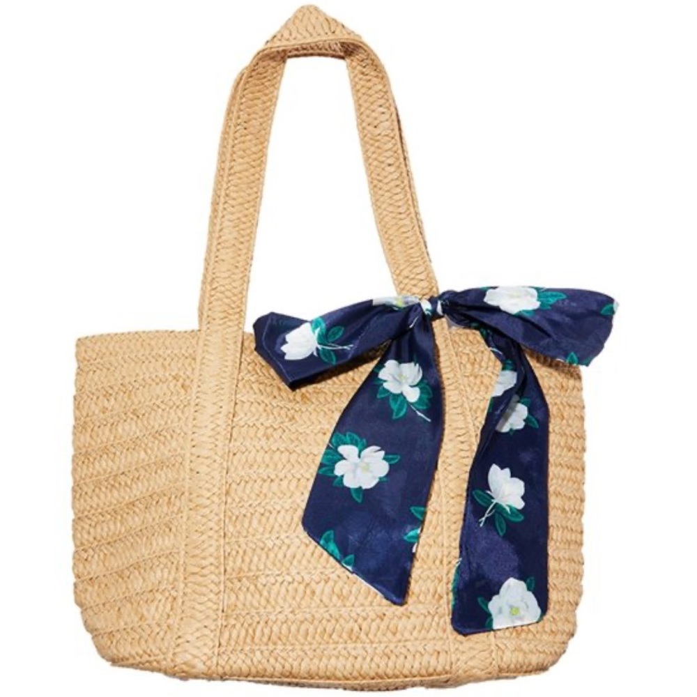 Draper James Tan Straw Tote with Navy Floral Scarf